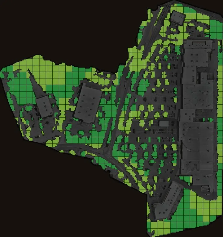 The site's landscaping split into segments, each colored by condition.