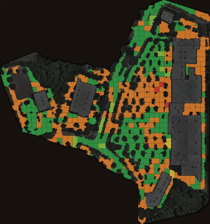 The site's pavement split into segments, each colored by its condition score.