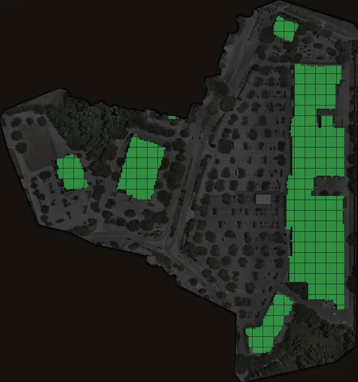 The site's roofs split into segments, each colored by condition.